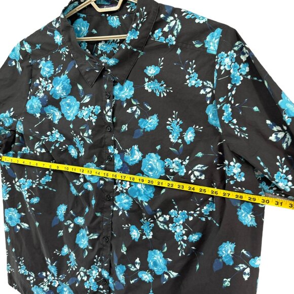 Roamans Floral Top Womens Black Blue Long Sleeve Button Down Shirt Size 40W - Picture 8 of 9